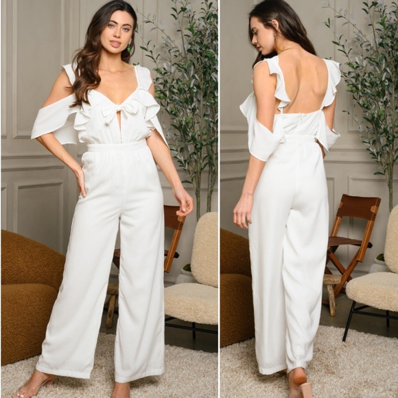 #28 COLD SHOULDER RUFFLE FRONT TIE JUMPSUIT - Picture 1 of 11